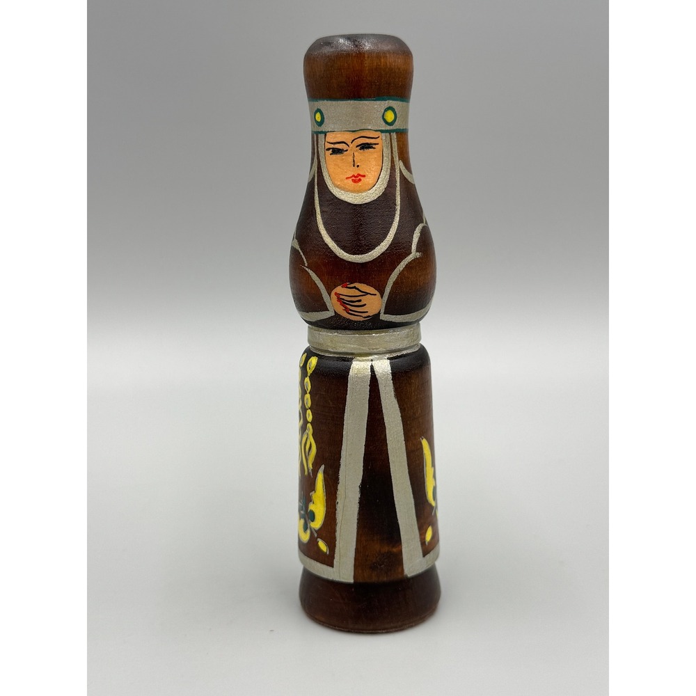 Vintage Mongolian Style Doll Chess Piece Wooden Figurine 6" Tall Decor